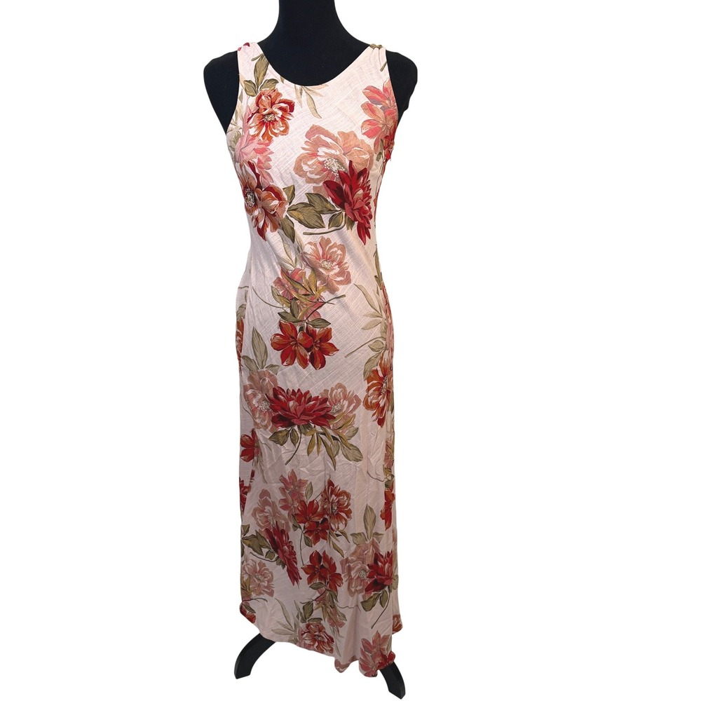 Paper Heart Floral Maxi Dress Womens Small Pink Red Linen Blend Open Back